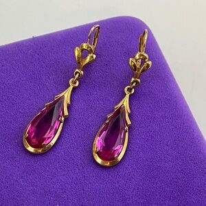💛 Vintage Gold Plated Teardrop Pink Crystal Earrings | Elegant Drop Style
